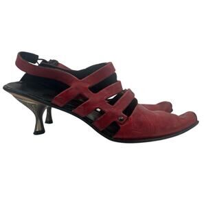 CYDWOQ Red Leather Point Toe Bronze Kitten Heels 38.5 Handmade USA Art To Wear